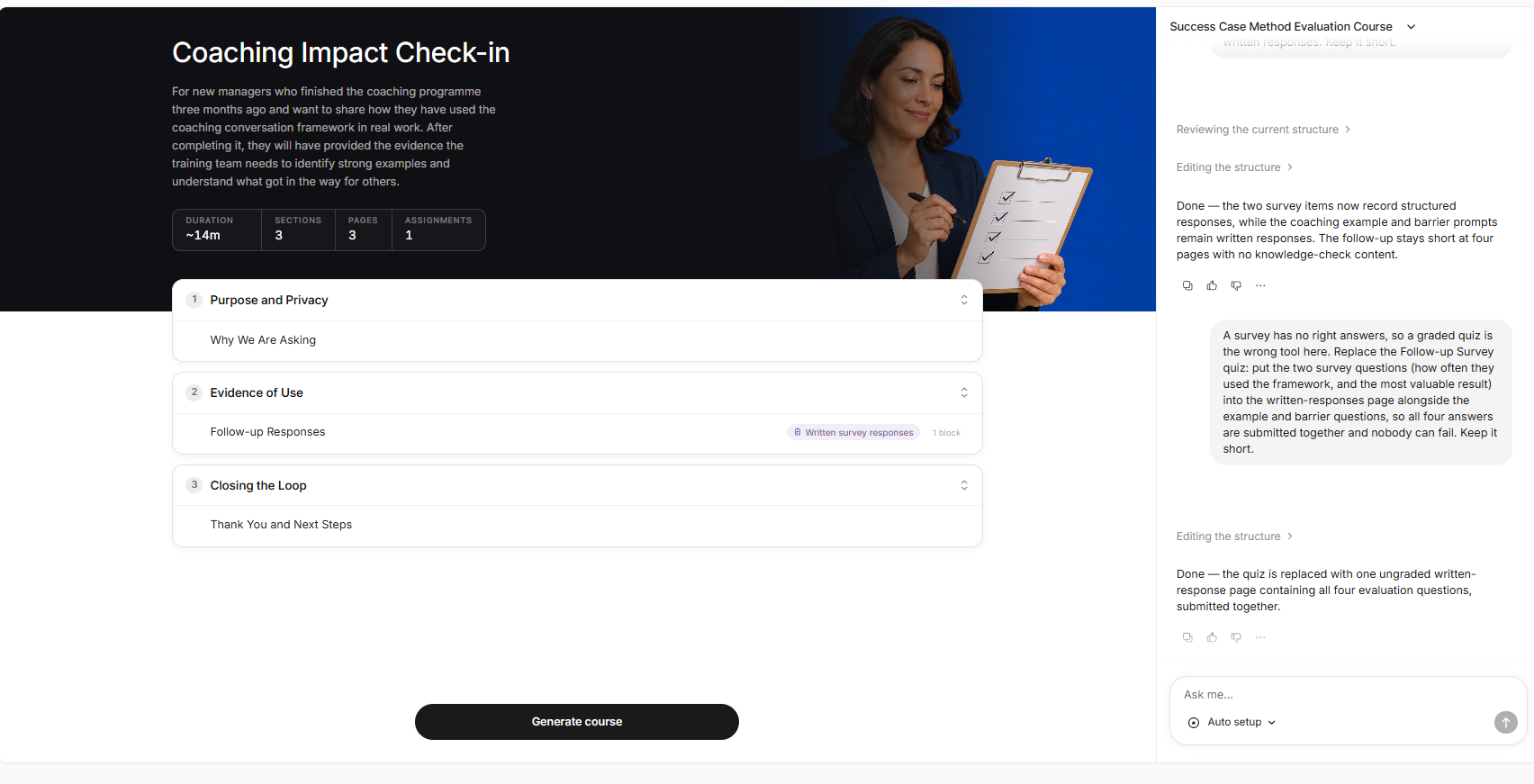 Coursebox Coaching Impact Check-in outline: Purpose and Privacy, one ungraded written-response page for the survey and example questions, and Closing the Loop, about 14 minutes