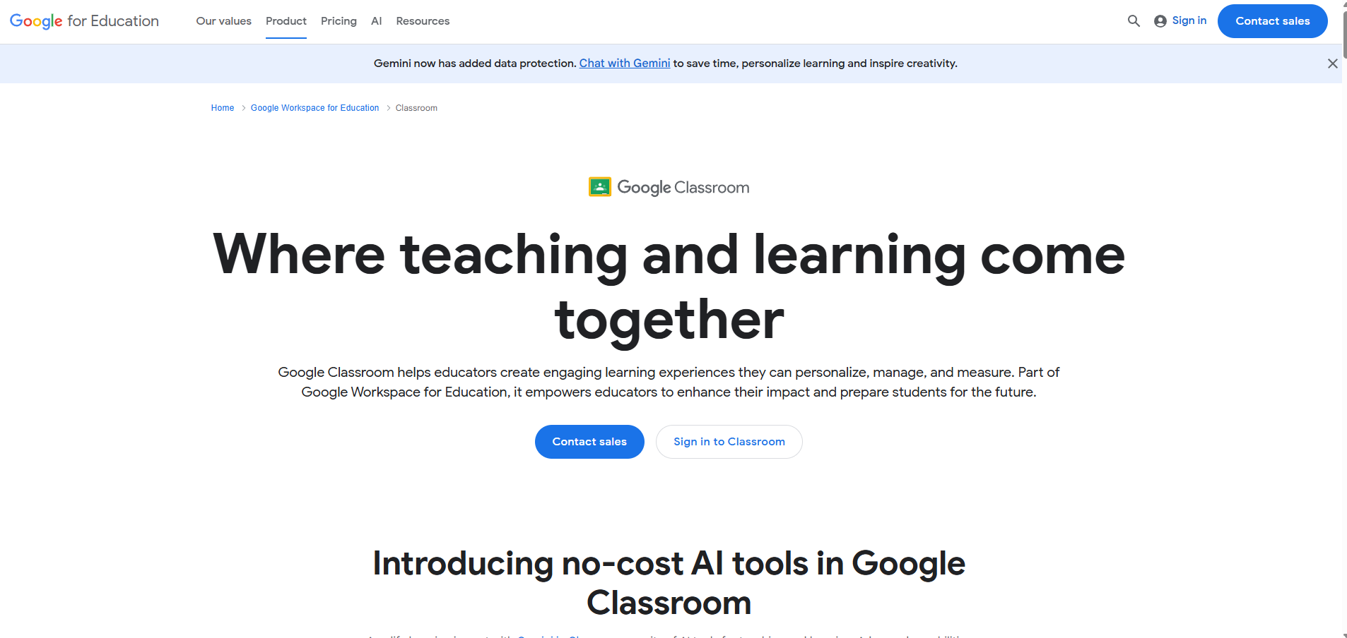Google Classroom homepage