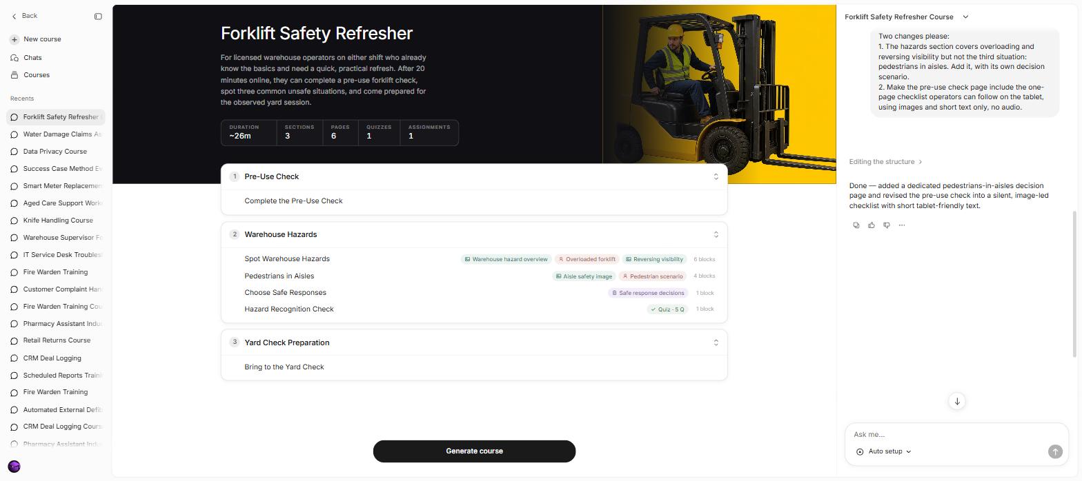Coursebox course outline for the online part of a forklift safety refresher: pre-use check, warehouse hazards including a Pedestrians in Aisles page, and a yard check preparation page
