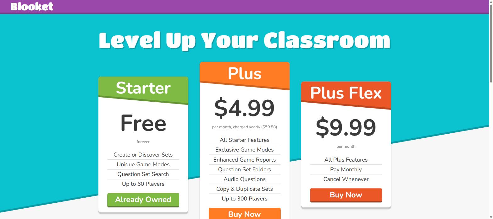 Blooket's pricing: Starter free, Plus at $4.99 a month charged yearly, Plus Flex at $9.99 monthly