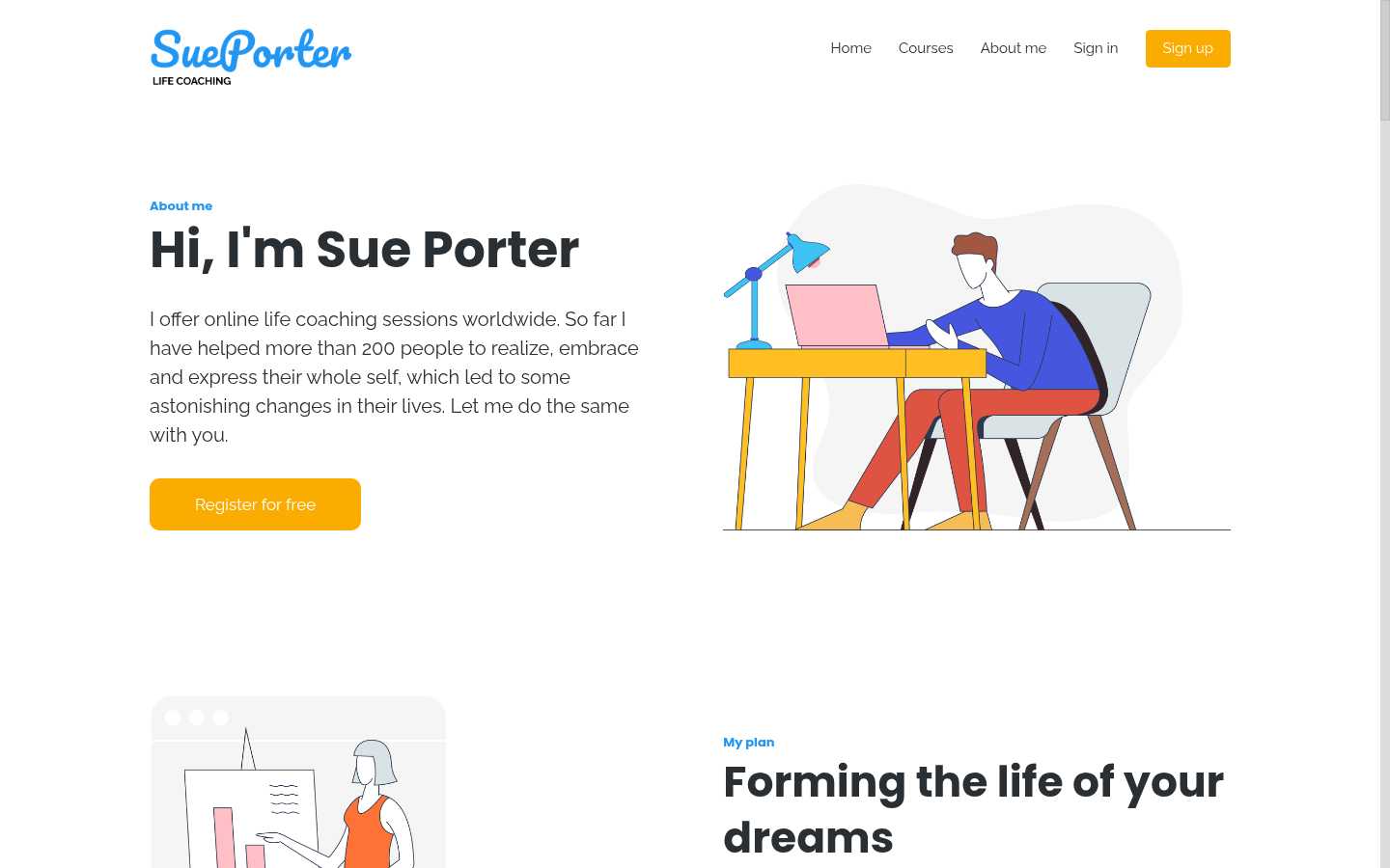 The LearnWorlds school website generated from a template during setup, a live coaching site with Home, Courses, About me and Sign up navigation, a hero section and a Register for free button
