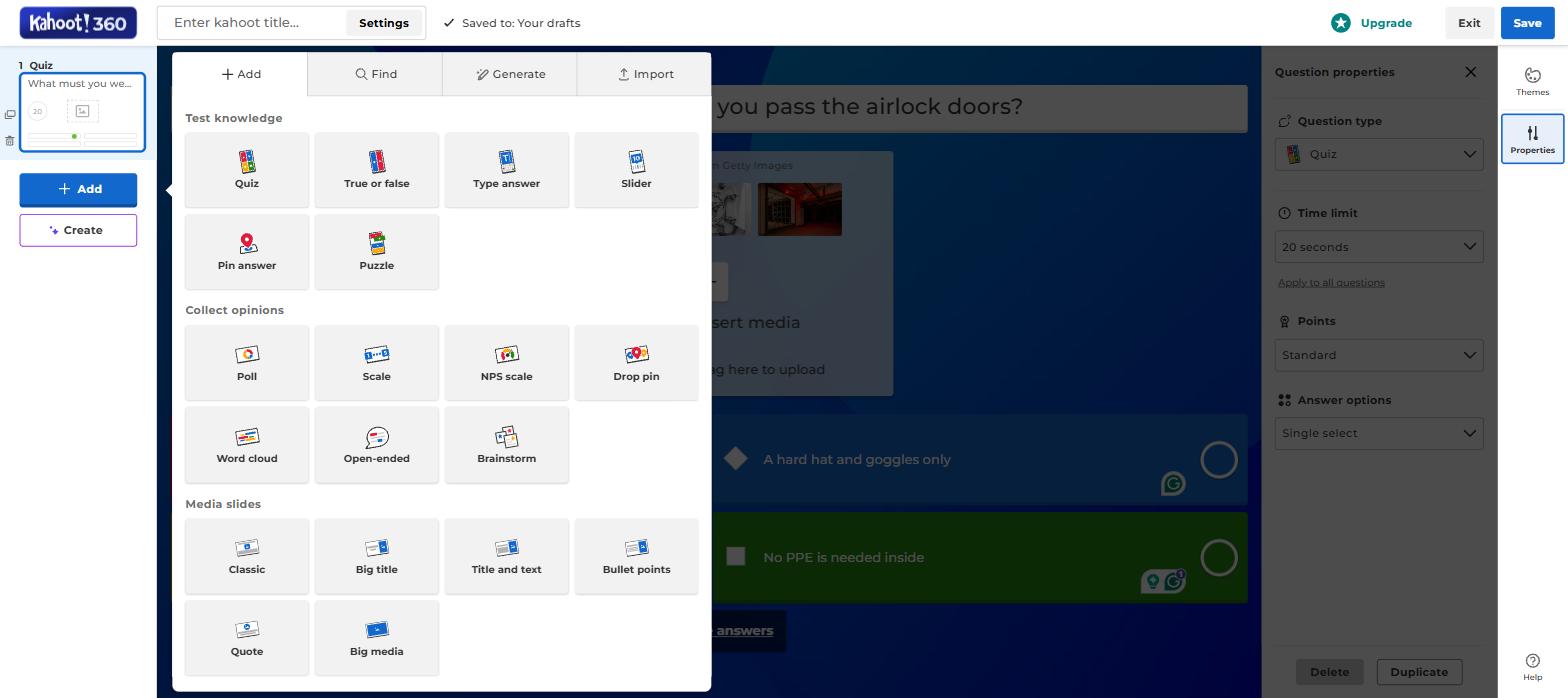 Kahoot's question type menu: test, opinion and slide types