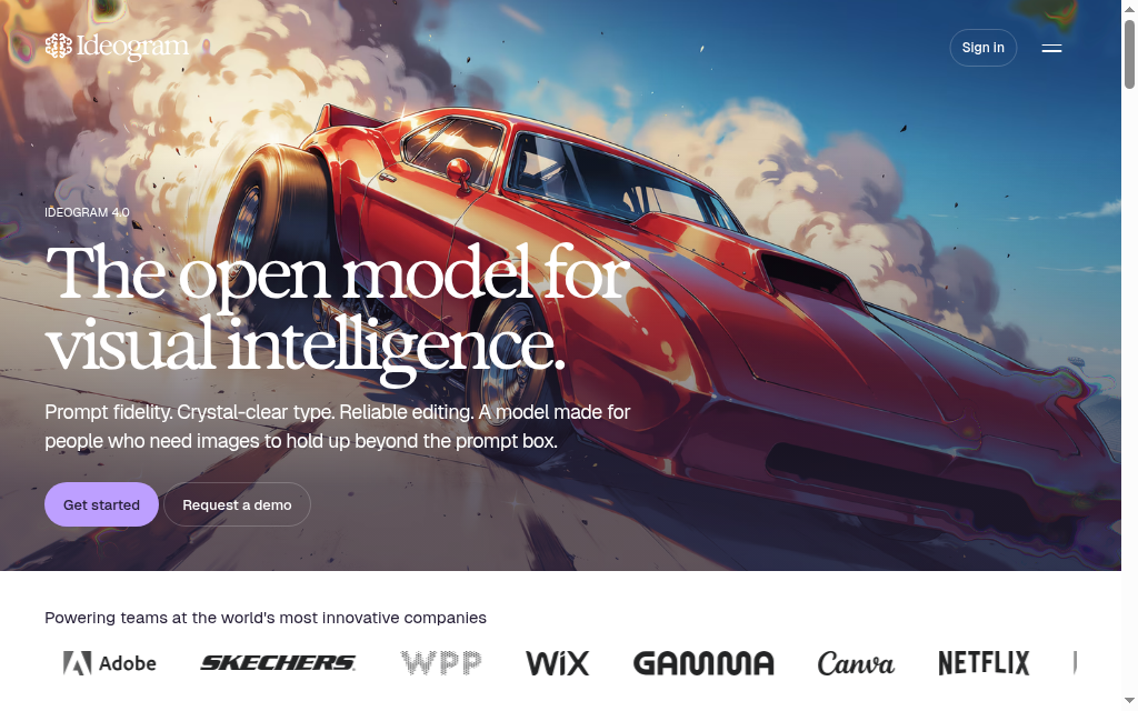 Ideogram’s product page featuring its 4.0 model and a car illustration