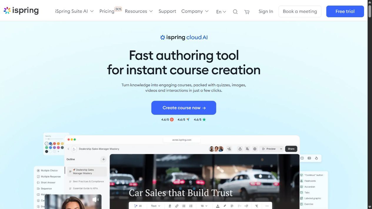 iSpring Cloud AI homepage showing its browser course editor, lesson outline and question types