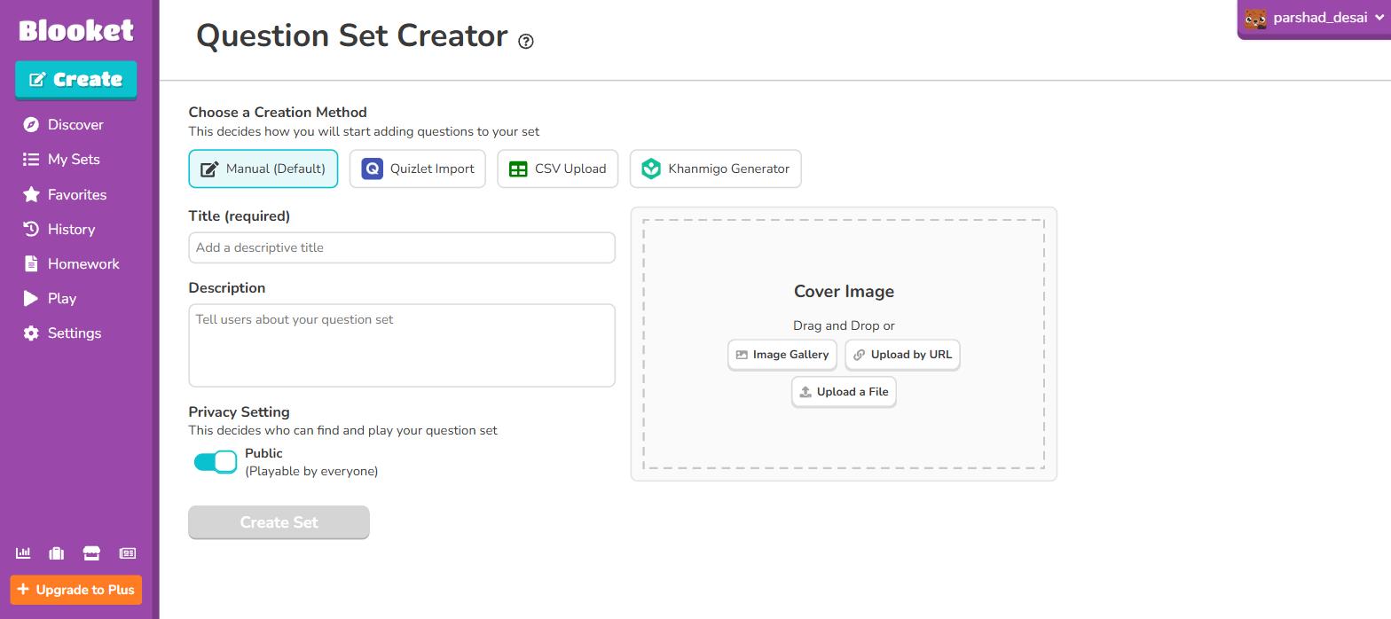 Blooket's creation methods: manual, Quizlet import, CSV upload and the Khanmigo AI generator
