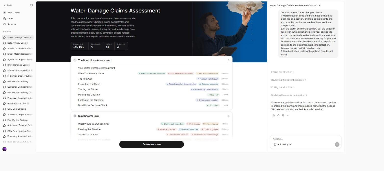 Coursebox course outline for a water-damage claims assessor course, with three sections named after the burst hose, slow shower leak and storm claims