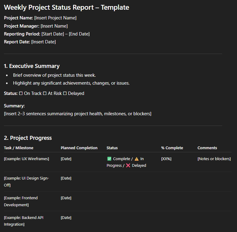 Create a weekly project status report template that includes project progress, budget status, risk updates, and next steps.