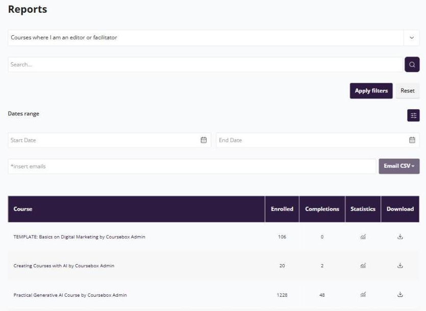 Coursebox reports screen listing courses with enrolled learners, completions, statistics and a CSV download for each