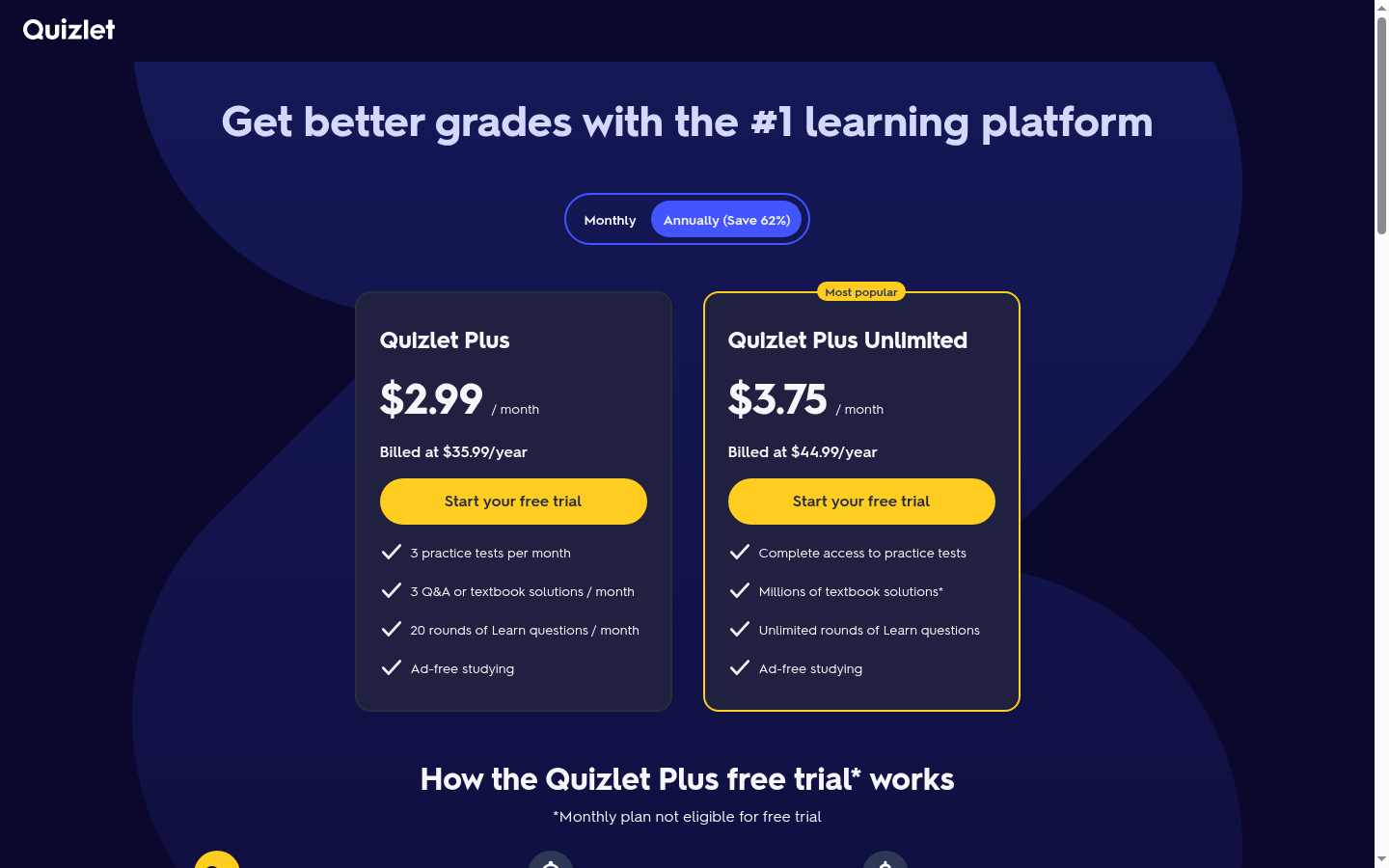 無料アカウントで表示されたQuizletのアップグレードページ:Quizlet Plusは月額$2.99(年額$35.99で請求)、Quizlet Plus Unlimitedは月額$3.75(年額$44.99で請求)