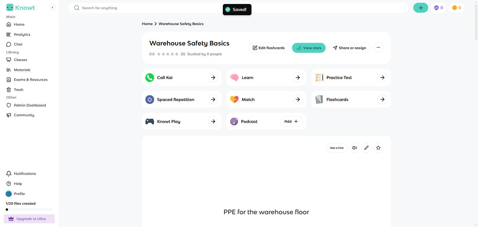 KnowtのWarehouse Safety Basicsセットページ。8つの学習モードがすべて一覧表示されている