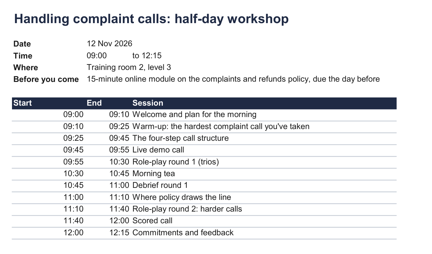Participant copy of the sample workshop agenda: title, date 12 Nov 2026, time 09:00 to 12:15, Training room 2, level 3, the 15-minute pre-work module, and 11 rows of start time, end time and session name.
