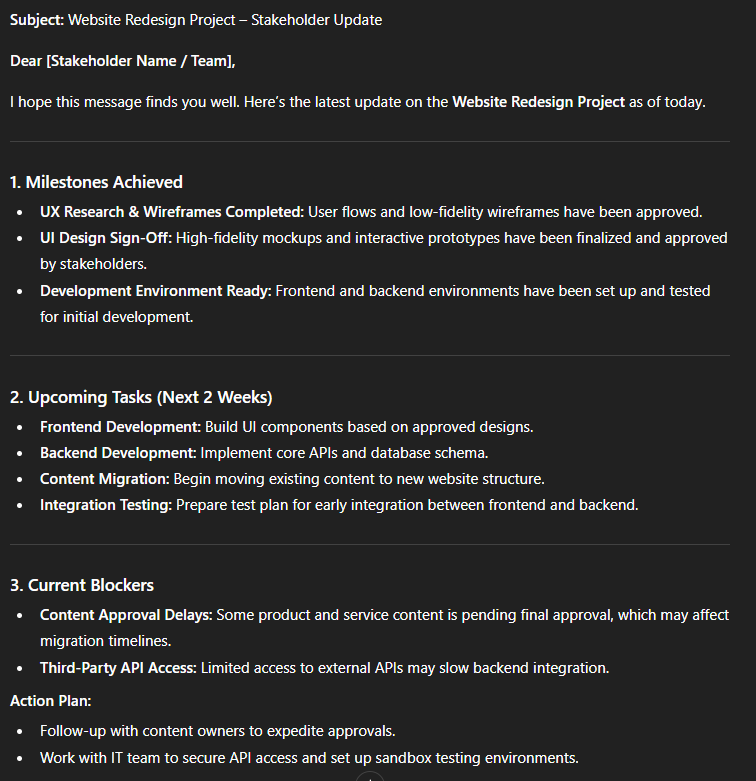Draft an email update for stakeholders on the progress of a website redesign project. Include milestones achieved, upcoming tasks, and blockers.