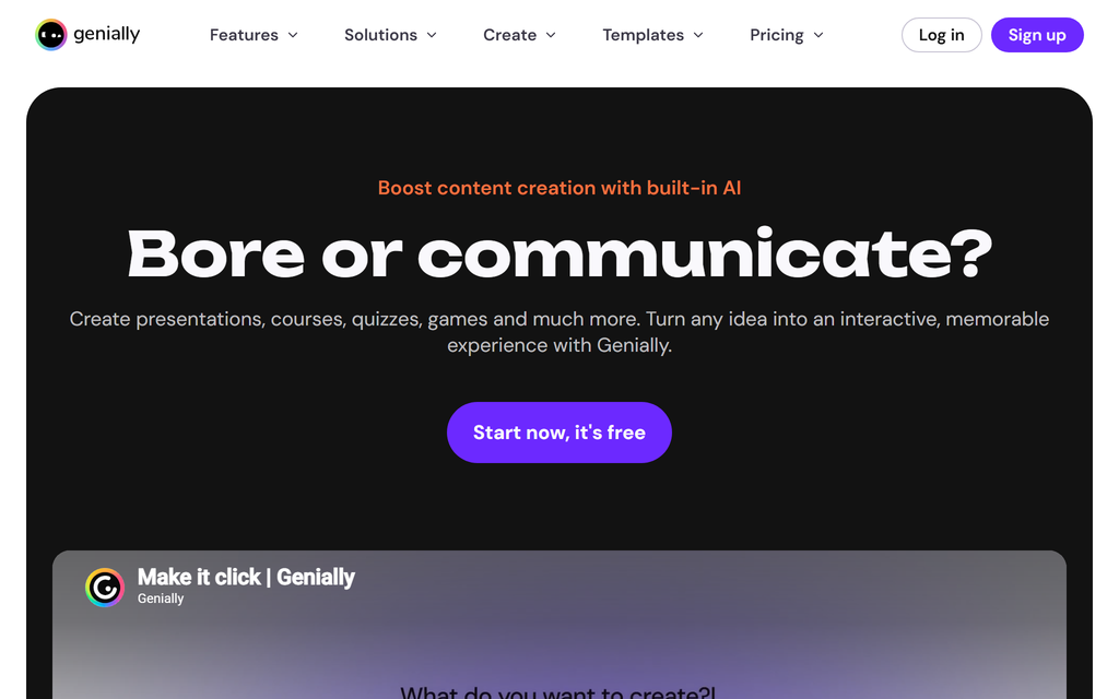 Genially homepage introducing interactive presentations, courses and games