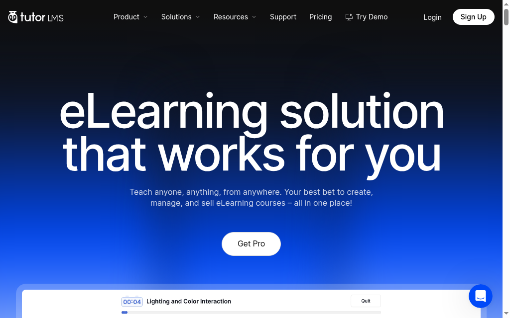 Pagina del prodotto Tutor LMS con la sua offerta per l'apprendimento o la creazione di corsi