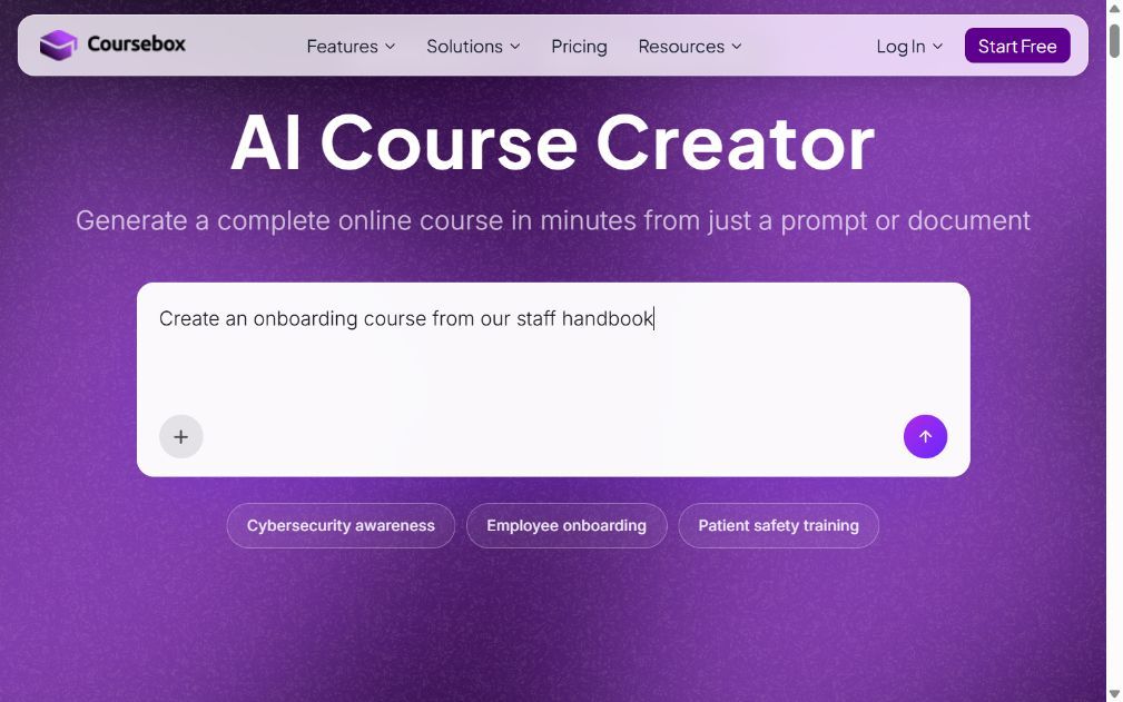 Coursebox AI Course Creator homepage with a prompt field for creating a course from a topic or document