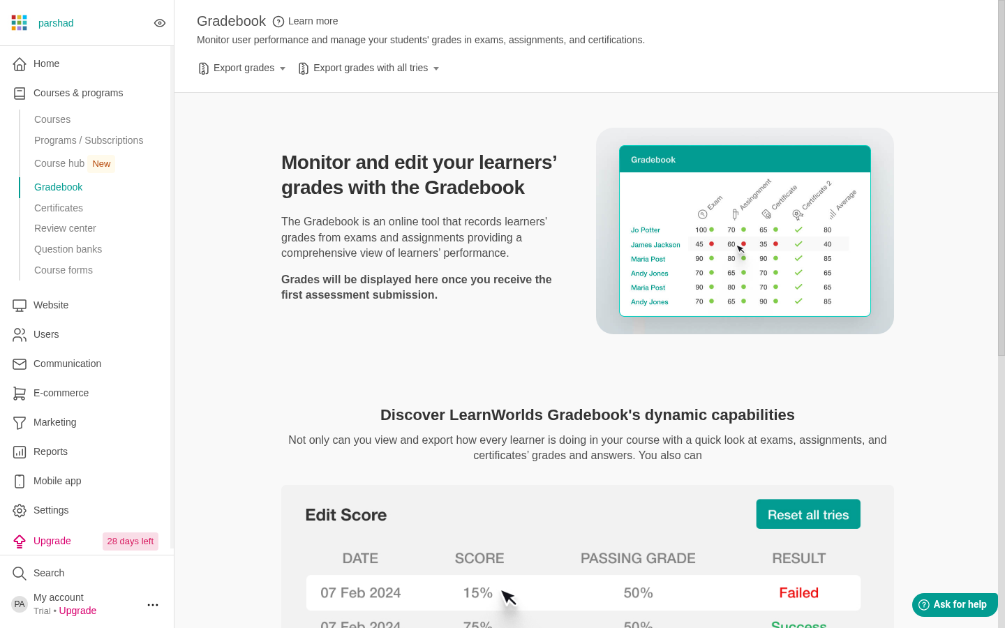 The Gradebook page in the LearnWorlds admin on our trial school, in its empty state before any assessment submissions, with Gradebook, Certificates, Review center and Question banks visible in the Courses & programs navigation