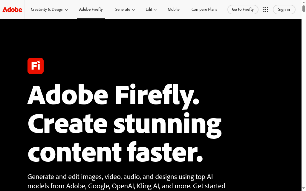 Adobe Firefly’s product page for generating and editing creative content