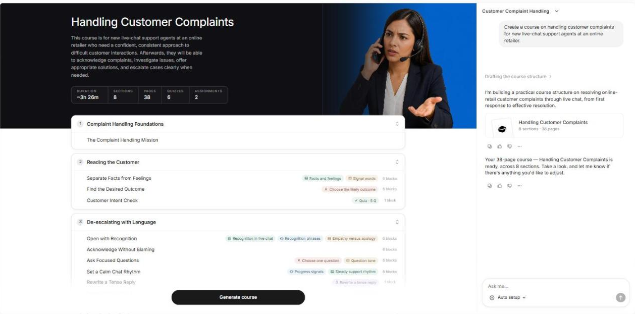 Coursebox course outline generated from a plain prompt for a customer complaint handling course: 8 sections and 38 pages, with quizzes as the only checks