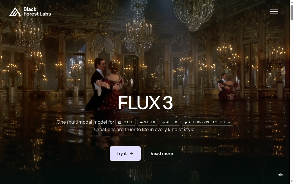 Black Forest Labs’ FLUX.3 product page with a ballroom scene