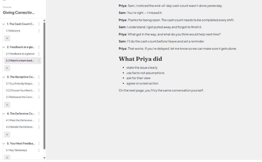 Coursebox course page Watch a team leader do it: a seven-line dialogue in which team leader Priya gives Sam feedback about a missed cash count, then a What Priya did list of four steps