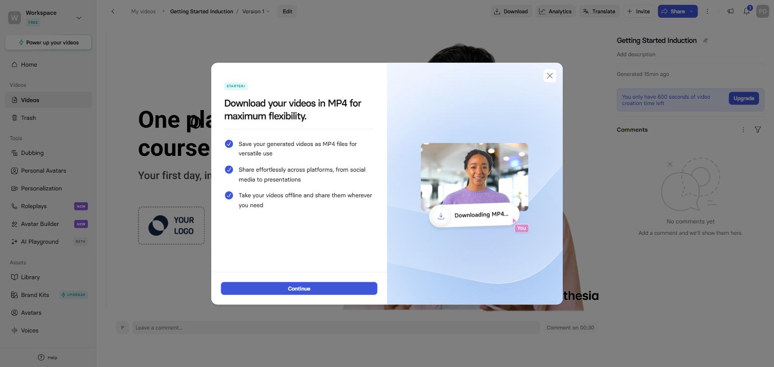 Clicking Download on the free plan: the Starter+ paywall