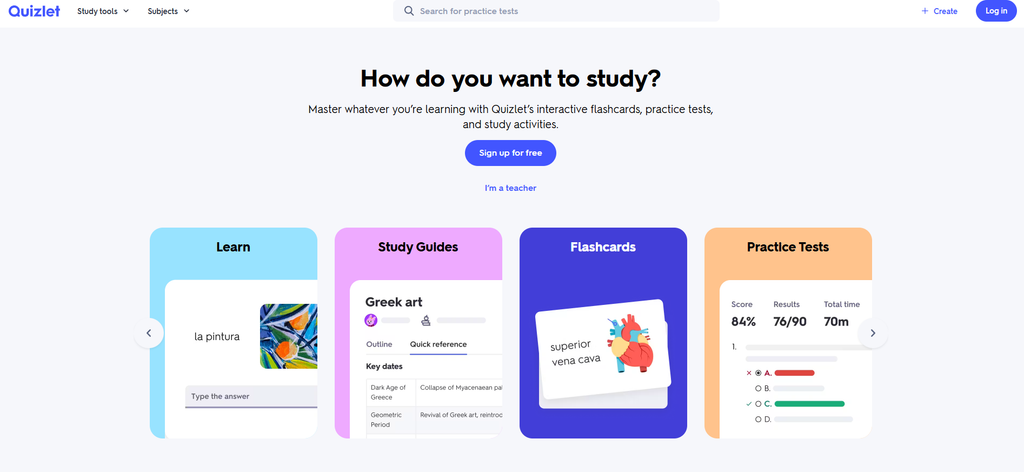 Quizlet homepage