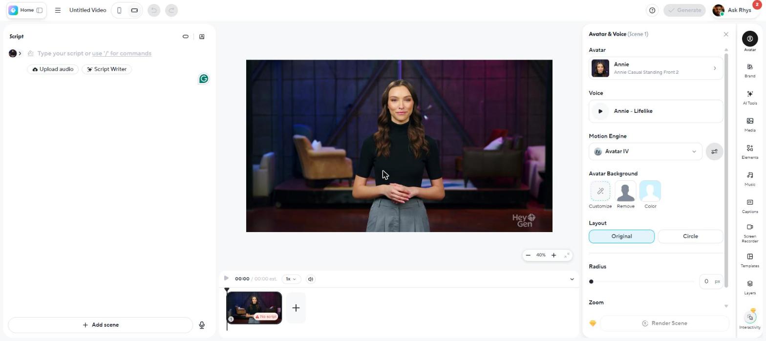 HeyGen's editor on opening: default avatar, voice and Avatar IV motion engine already set
