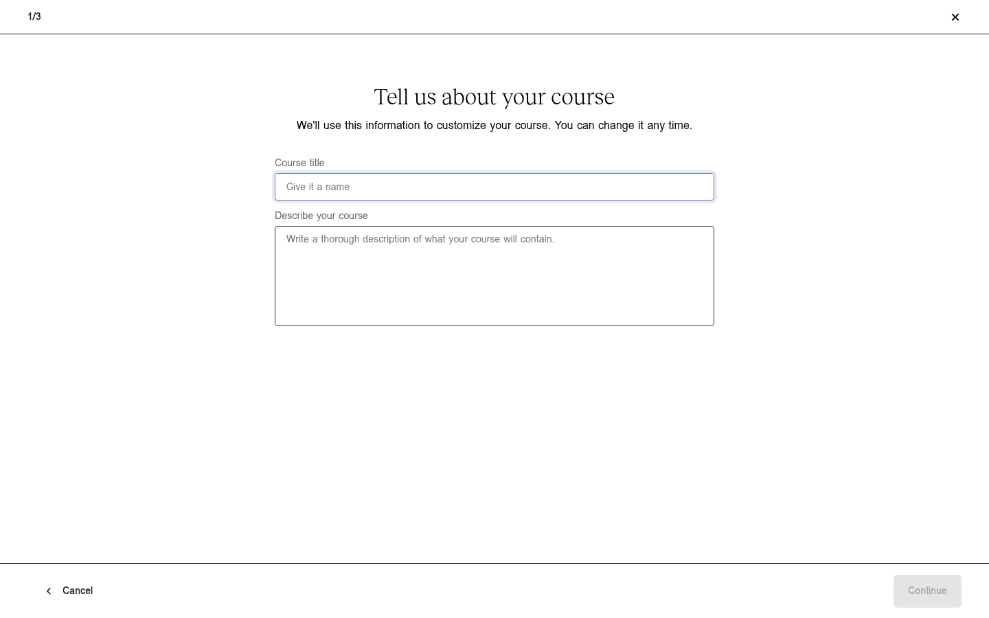 Teachable's course creation wizard at step one, asking for a course title and description before anything else
