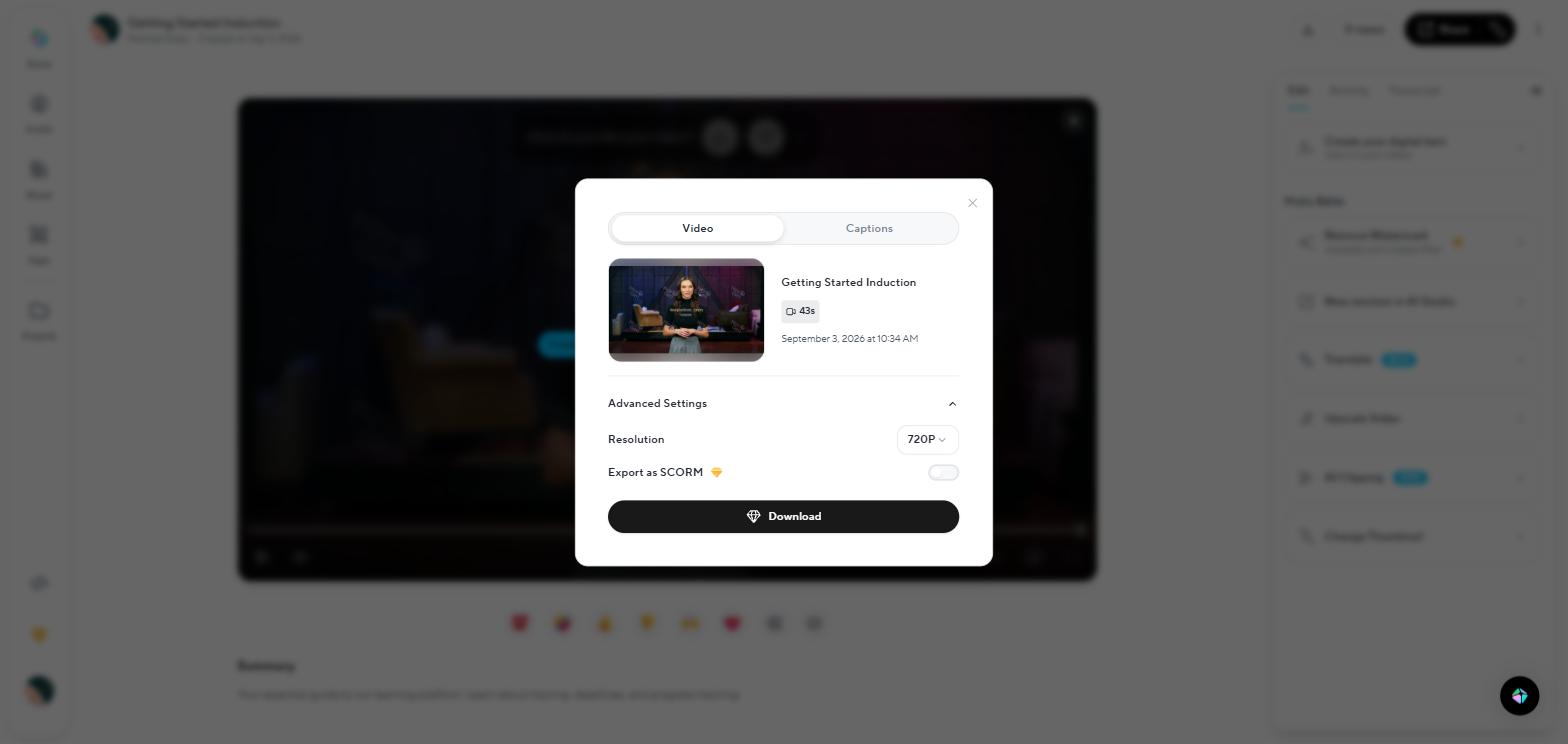 HeyGen's export dialog on free: 720P resolution and a locked Export as SCORM toggle