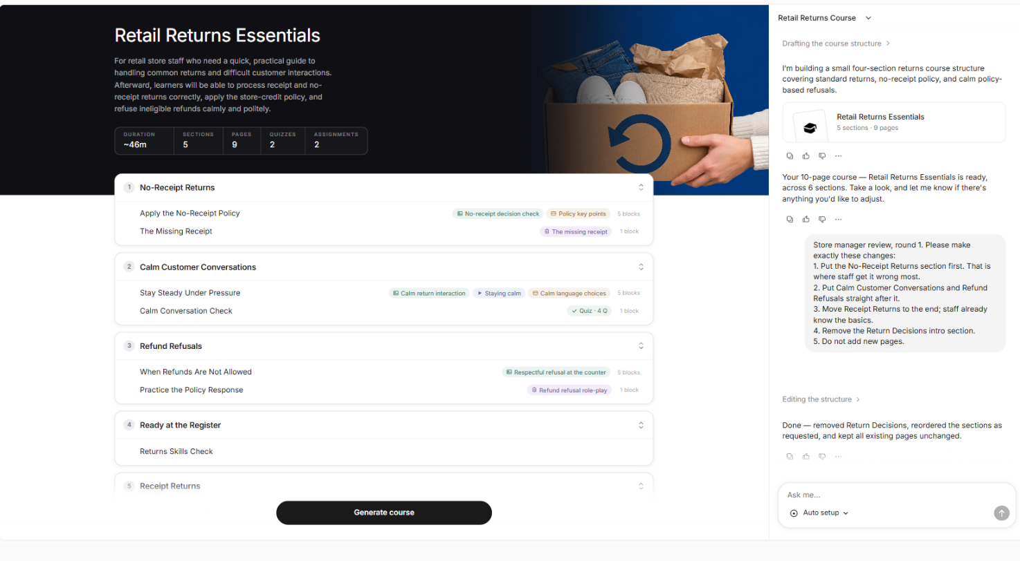 Coursebox returns course after one manager review round: No-Receipt Returns first, then calm conversations and refund refusals, with the chat confirming the reorder