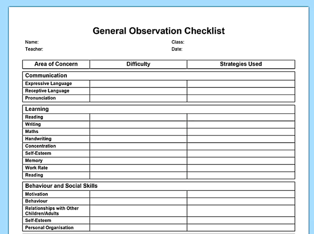 Observation Checklist Example