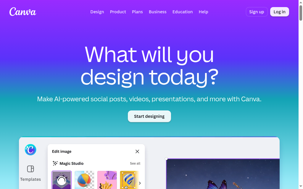 Página de inicio de Canva