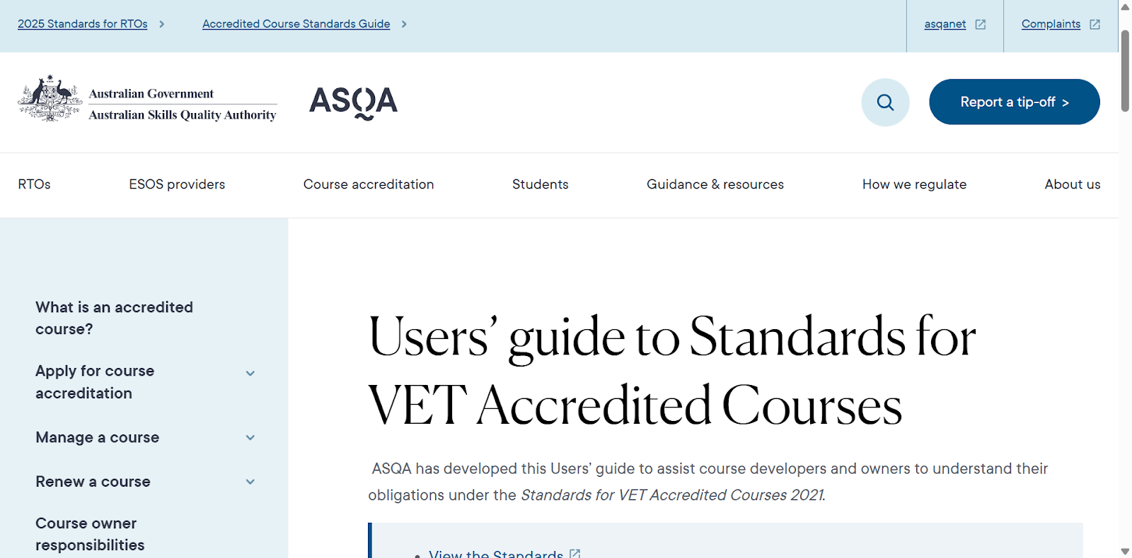 ASQA’s Accreditation standards