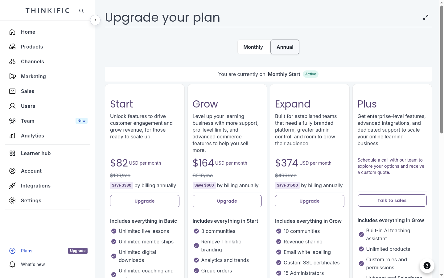 Thinkific's in-product upgrade screen showing Start at $82, Grow at $164 and the unlisted Expand tier at $374 a month billed annually