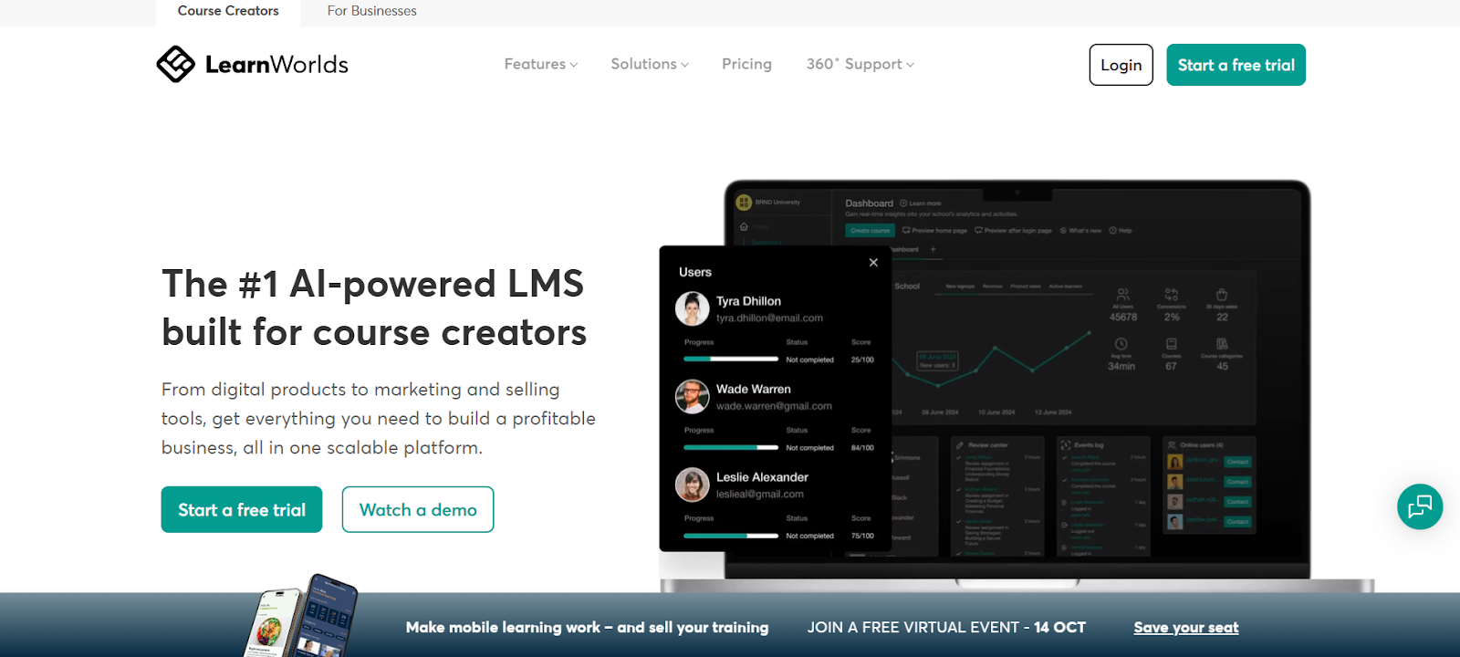 LearnWorlds shines for visually engaging, interactive learning