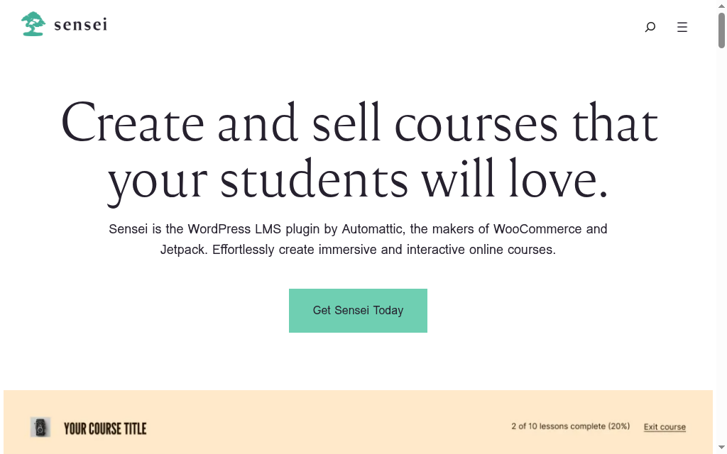 Pagina del prodotto Sensei LMS con la sua offerta per l'apprendimento o la creazione di corsi