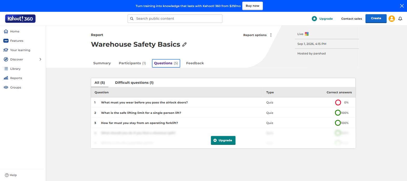 Kahoot's free report shows three questions' accuracy; the rest is blurred behind an upgrade