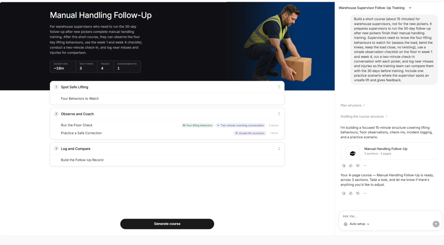 Coursebox Manual Handling Follow-Up course for warehouse supervisors: four behaviours to watch, a floor check with a coaching conversation, a practice correction and the follow-up record