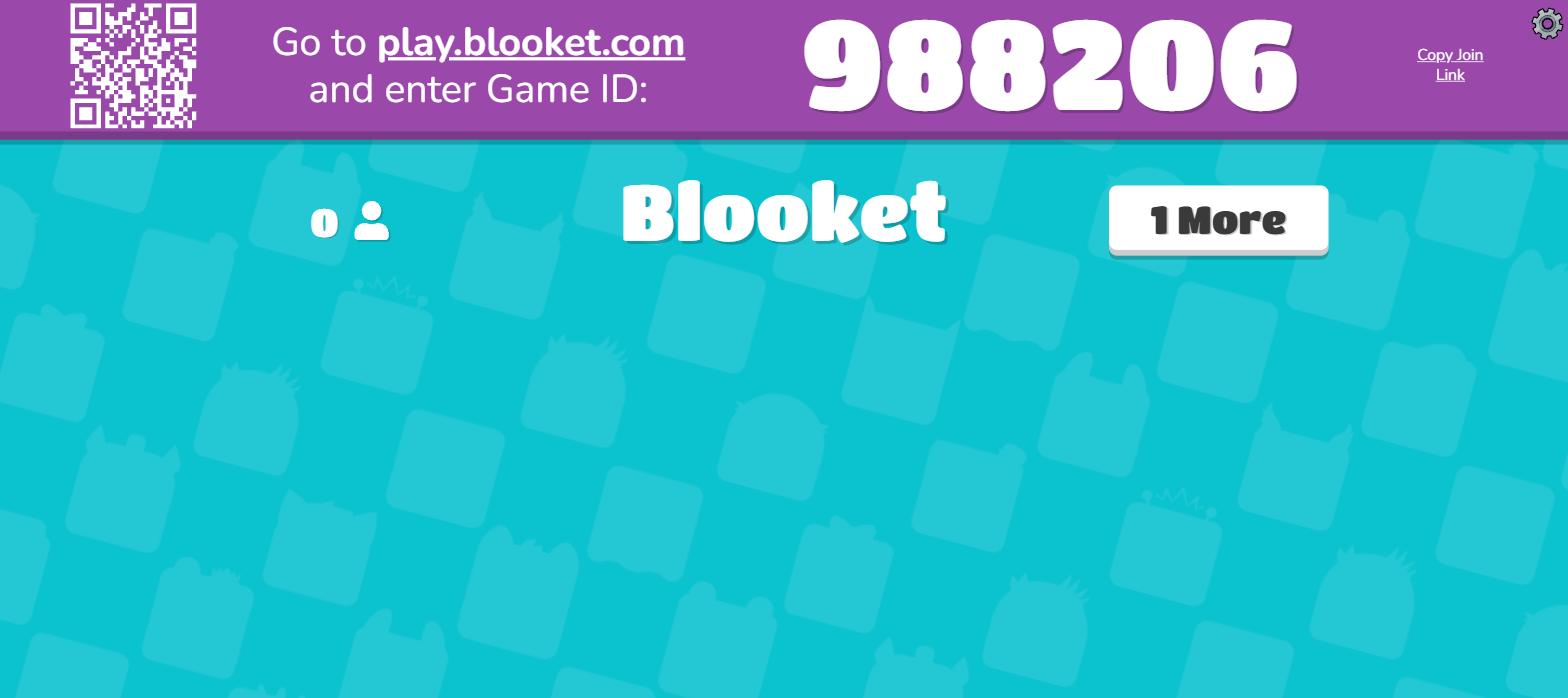 Blooket's host lobby with a QR code and six-digit game ID