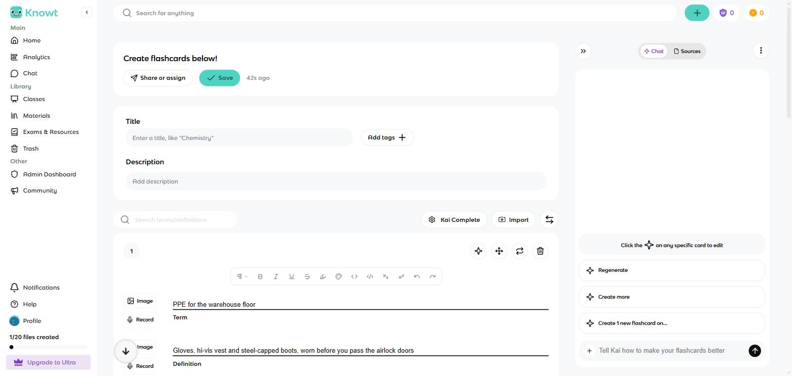 Knowtのフラッシュカードエディター。1枚目の倉庫カードと、右側のKai AIサイドバーが表示されている