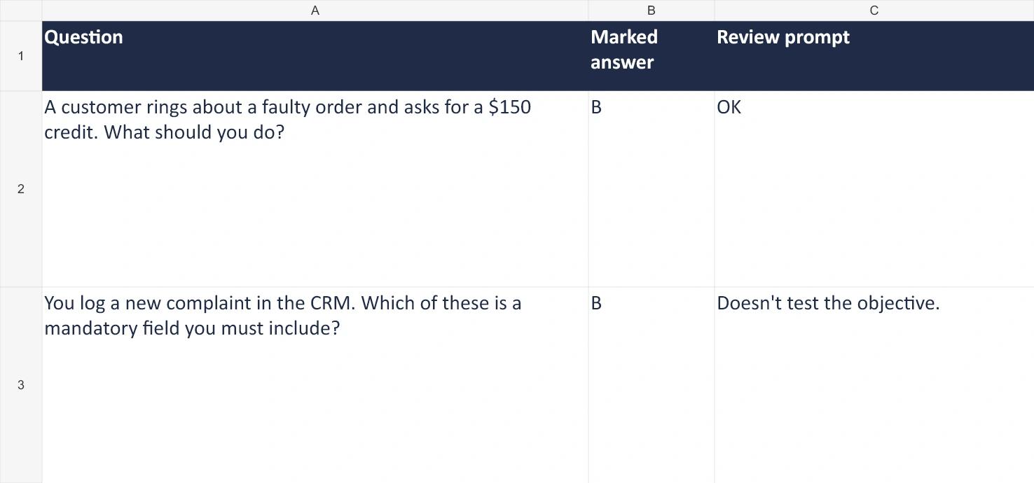 Two recorded Claude quiz questions: the action question has no tested pattern flags; the mandatory-field recall question is flagged as not testing the application objective.