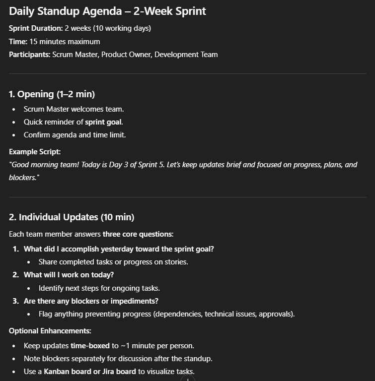Generate a daily standup agenda for a 2-week sprint. Include questions for team updates, blockers, and progress.