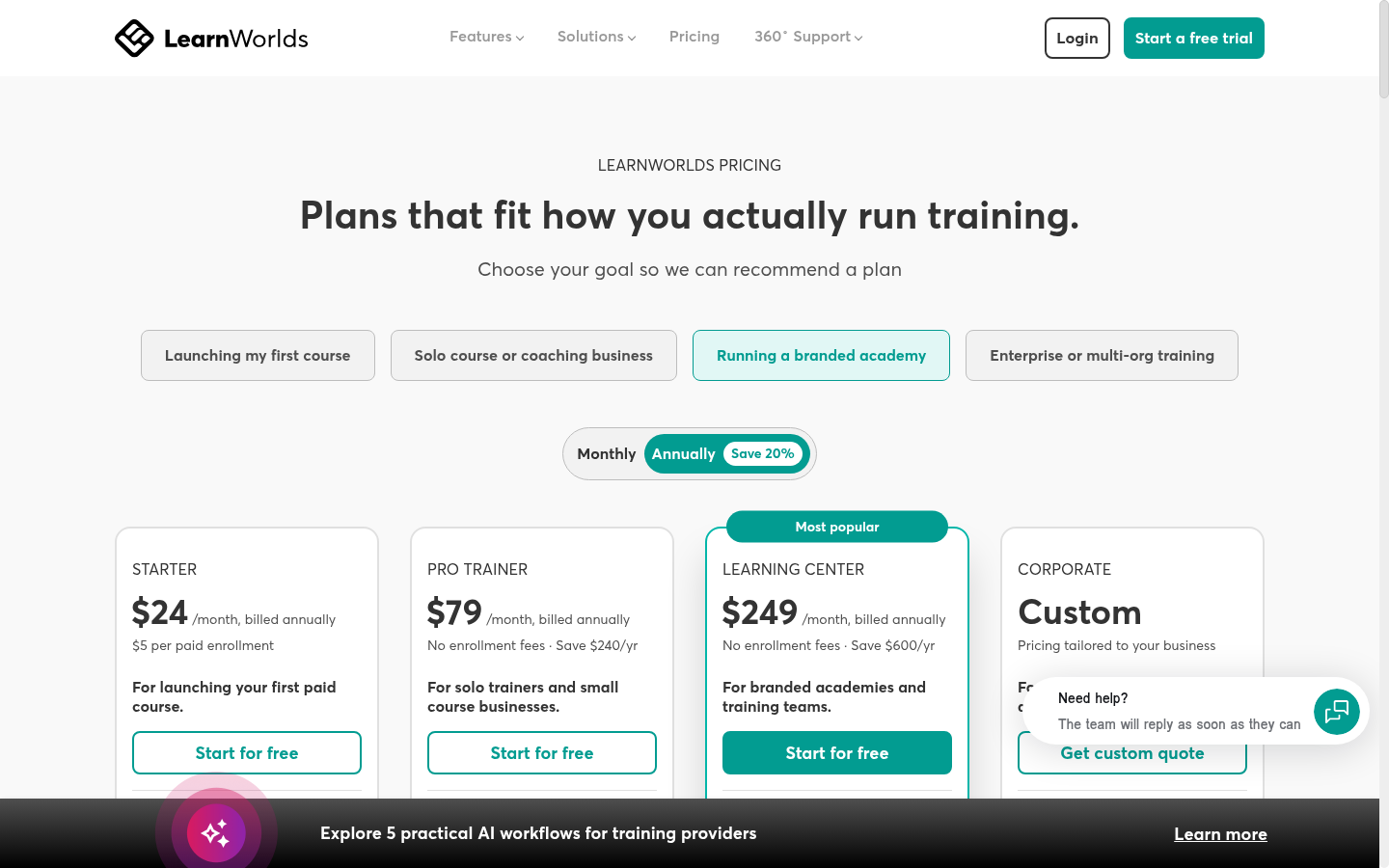 LearnWorlds pricing page showing Starter, Pro Trainer and Learning Center plans with the enrolment-fee row