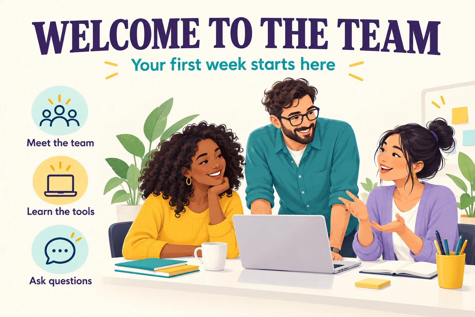 AI-generated onboarding poster with three coworkers and the labels Meet the team, Learn the tools and Ask questions