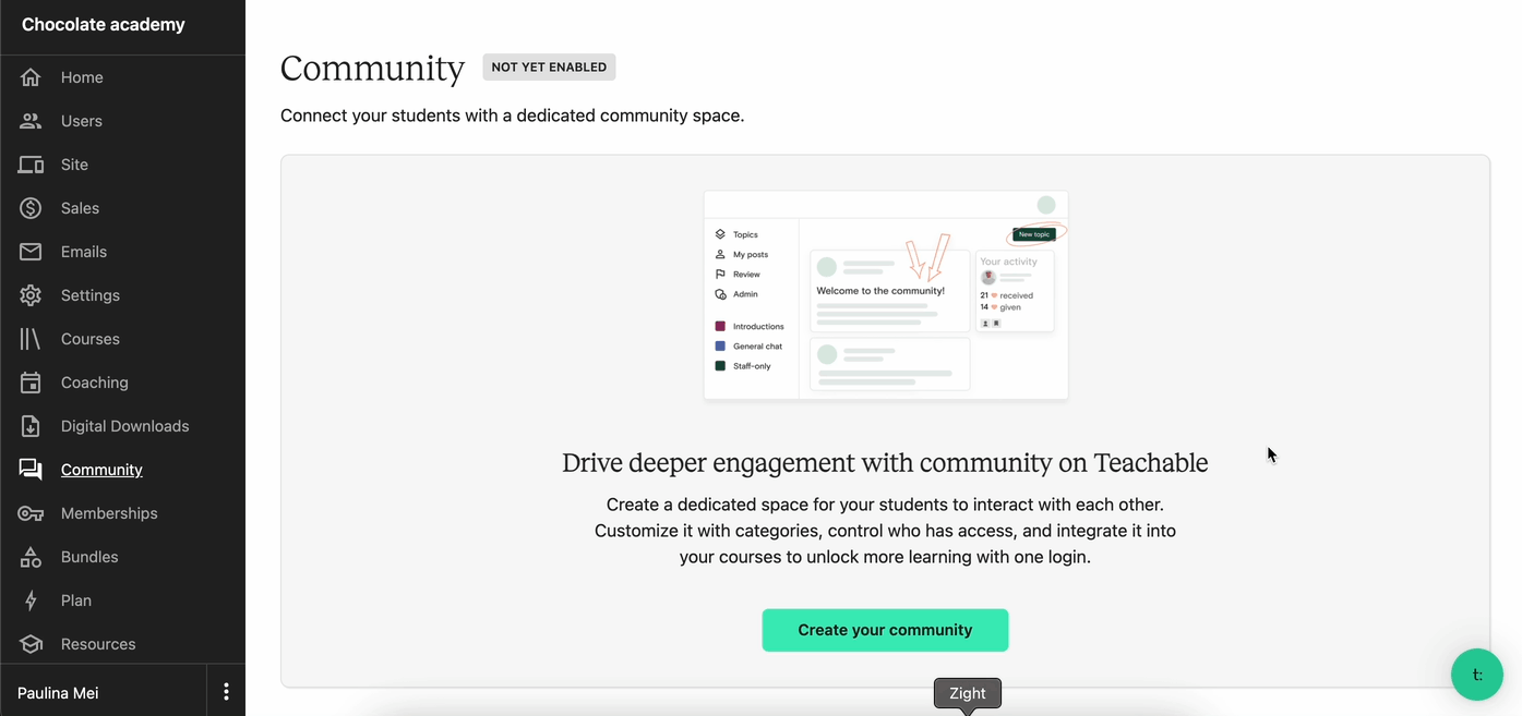 The Community area in the Teachable admin, with the full admin navigation visible and a Create your community button