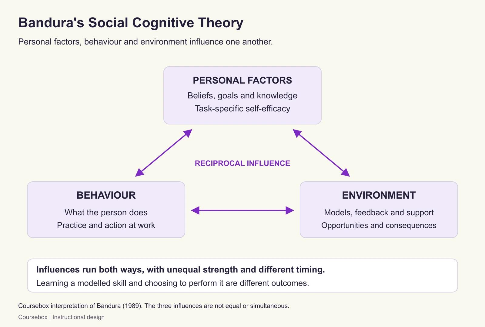 Bandura's social cognitive theory diagram shows personal factors, behaviour and environment connected by two-way arrows, with self-efficacy among personal factors and workplace support among environmental factors.
