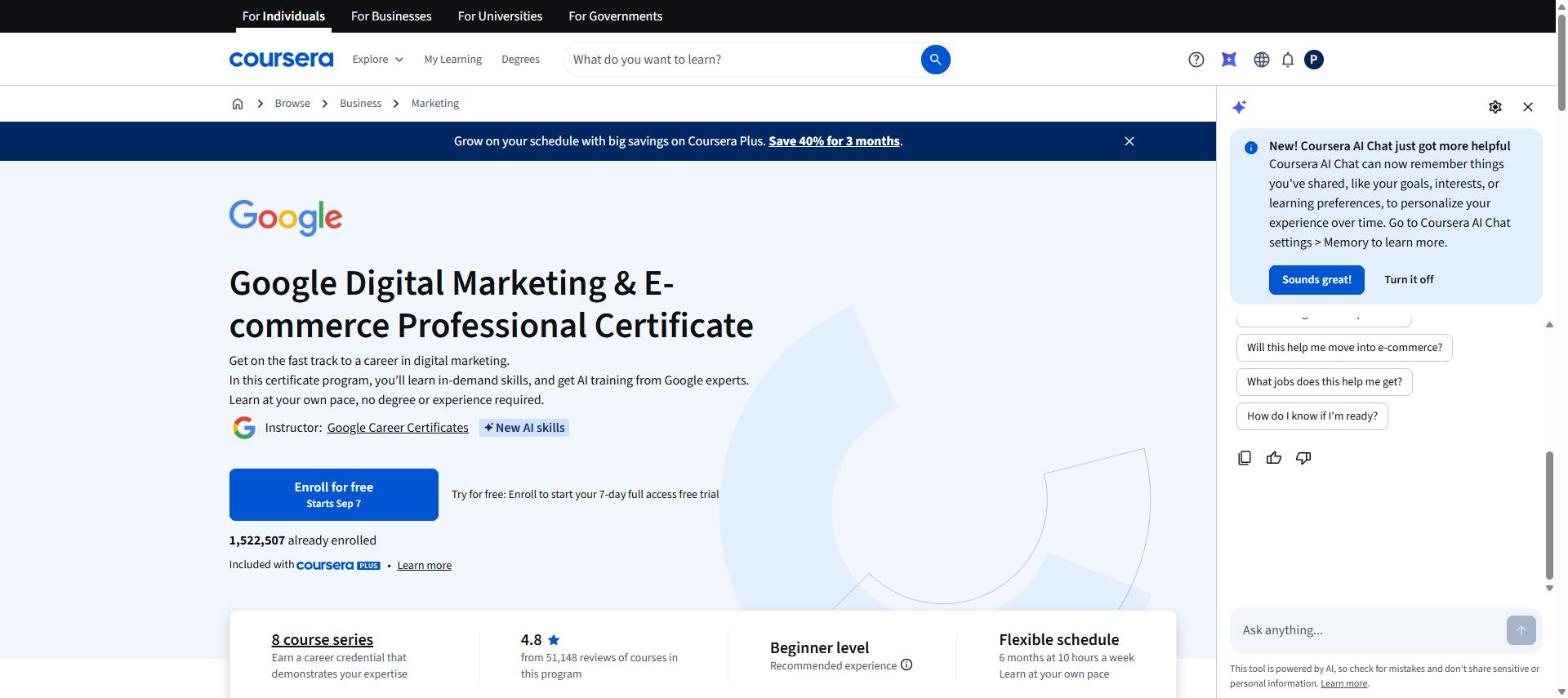 De pagina van Coursera voor het Google Digital Marketing & E-commerce Professional Certificate, met het AI Chat-paneel ernaast geopend