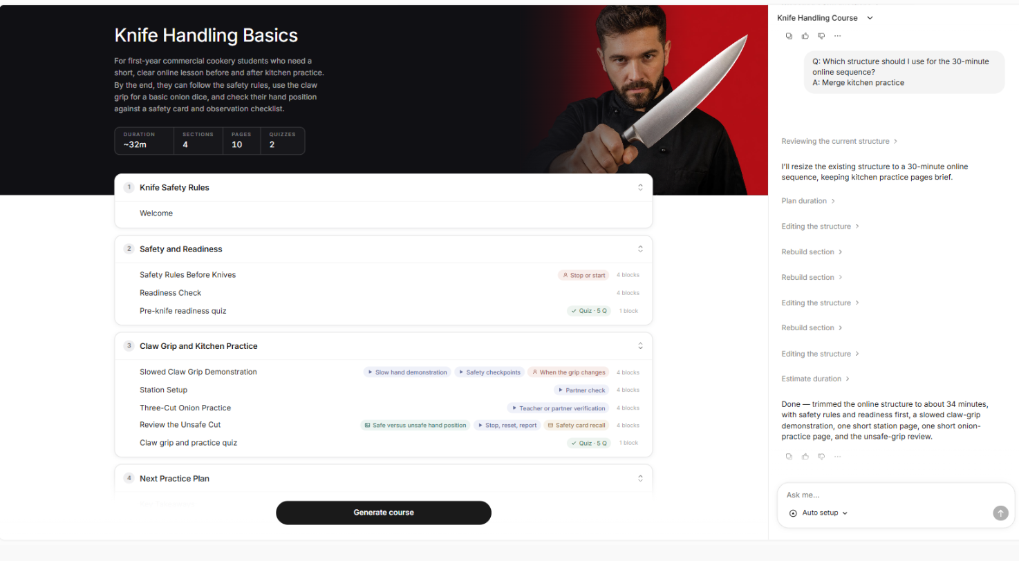 Coursebox knife-handling lesson trimmed to about 32 minutes: safety and readiness first, then the slowed claw-grip demonstration, short kitchen practice pages and a review of the unsafe cut