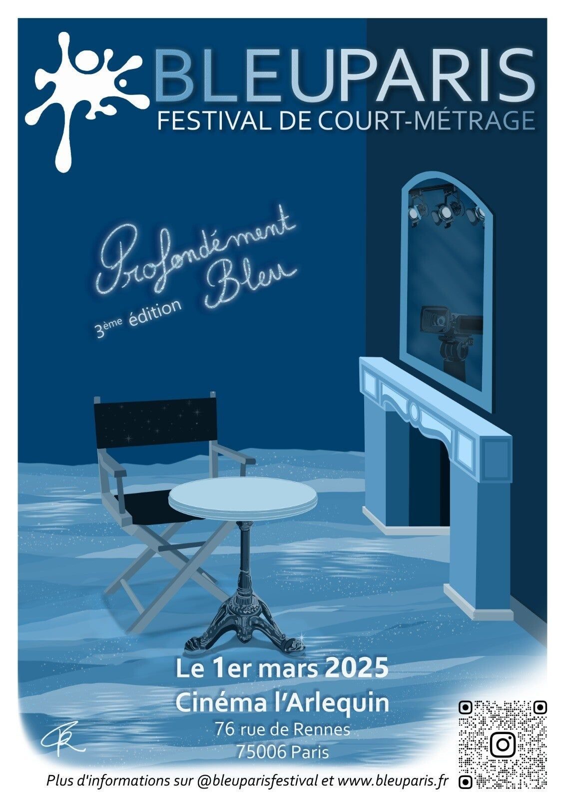 Affiche de la 3e édition du Festival Bleu Paris, 1er mars 2025 : une loge de cinéma tout en bleu.