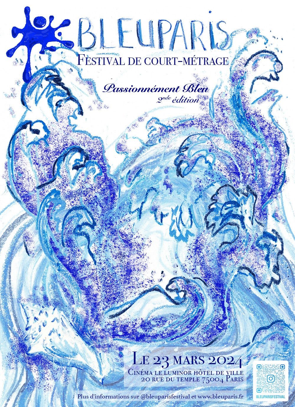 Affiche de la 2e édition du Festival Bleu Paris, 23 mars 2024 : vagues bleues au pastel.